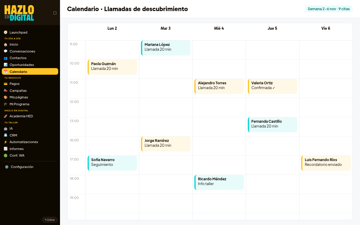 Calendario con llamadas agendadas