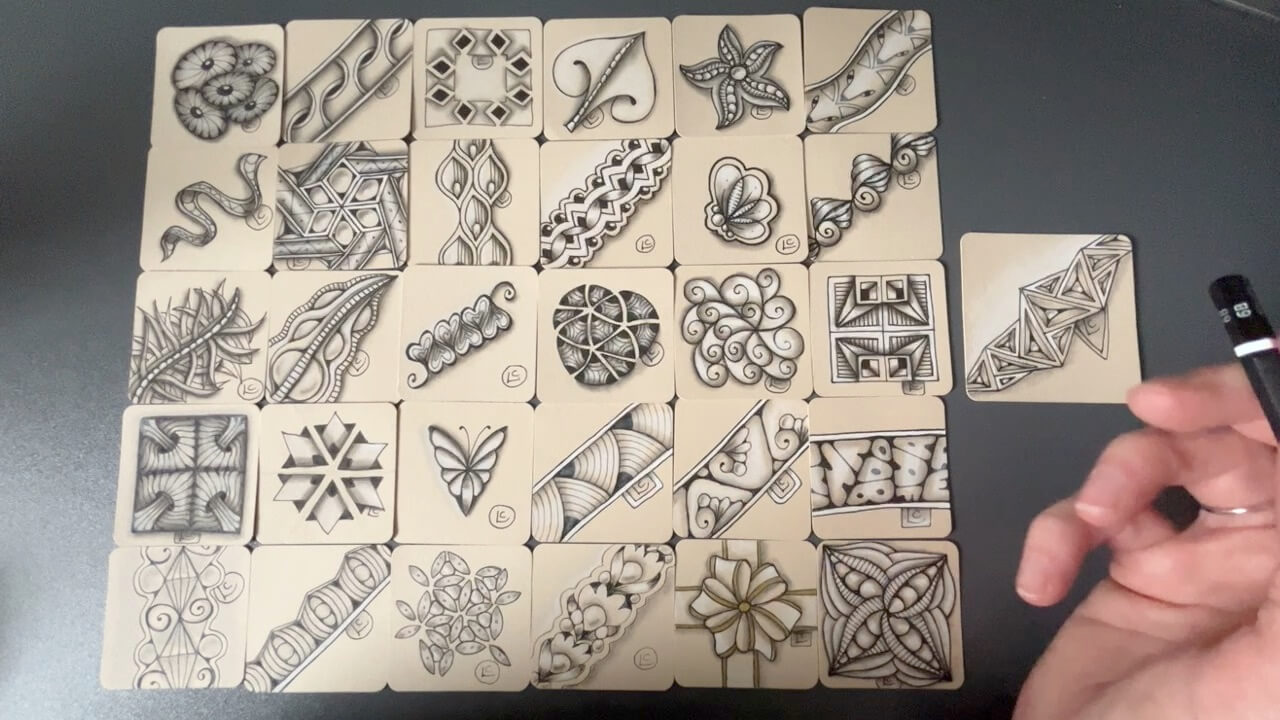 A selection of tiles with tangles on them drawn by Certified Zentangle Teacher Lisa Crow. A selection of tiles with tangles on them drawn by Certified Zentangle Teacher Lisa Crow.