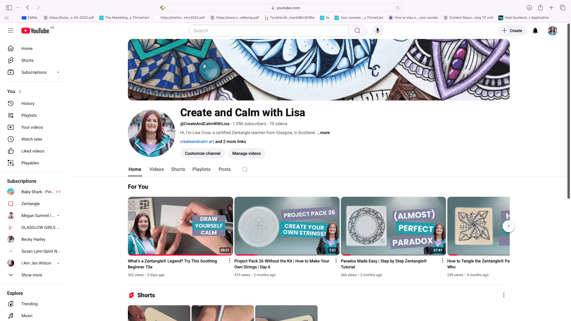 Screen shot of the Create and Calm with Lisa YouTube channel