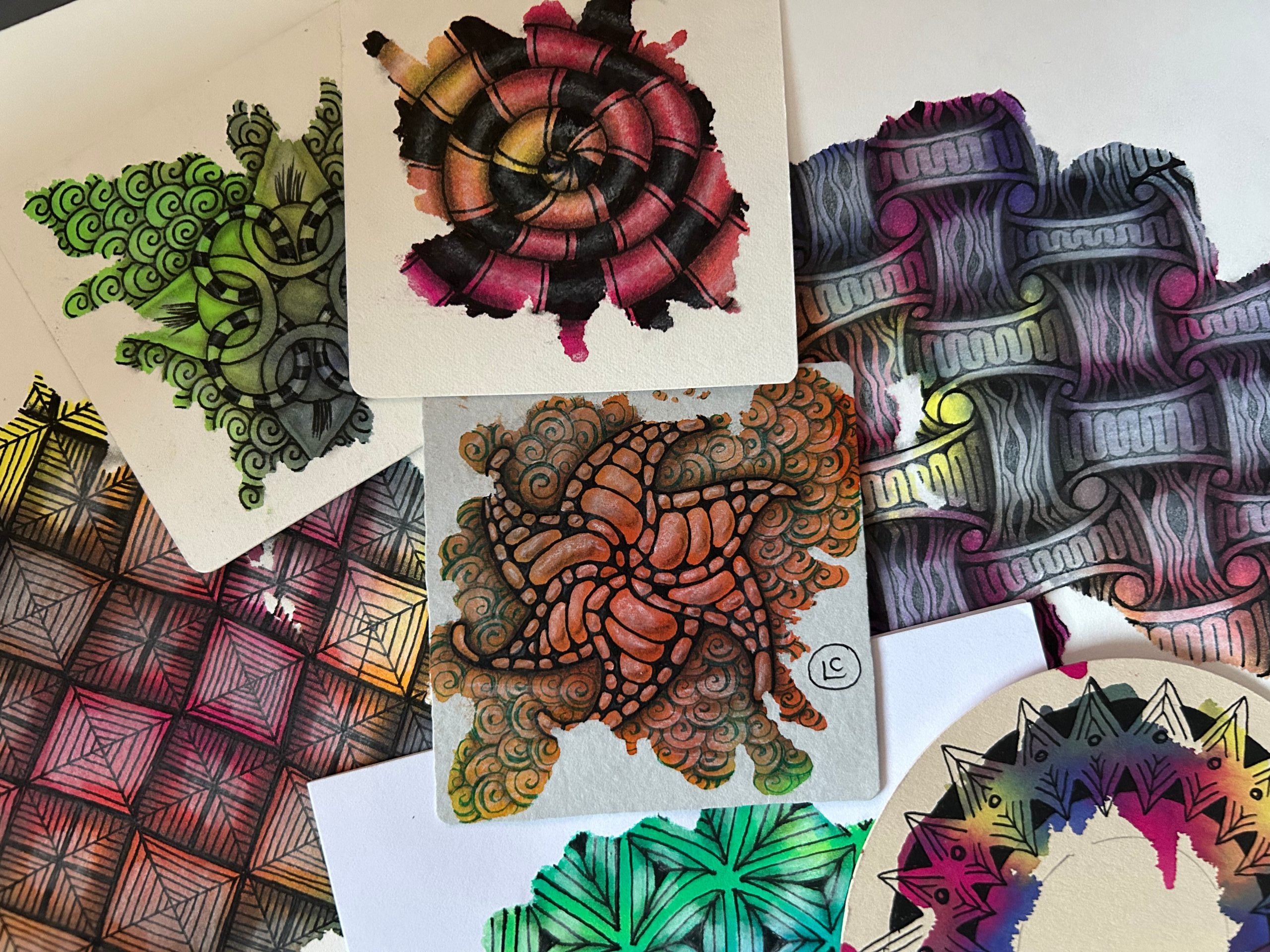 A selection of map tangling projects created by Lisa Crow.