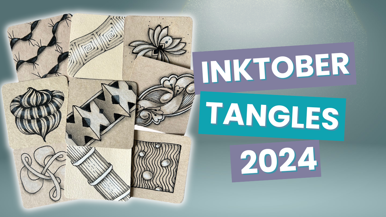 A thumbnail from the Create and Calm with Lisa YouTube channel. The thumbnail has pictures of tangles created for the Inktober Tangles challenge.