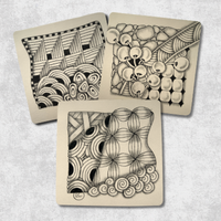 A selection of three tiles with Zentangle® Method patterns on them, drawn by Certified Zentangle Teacher Lisa Crow