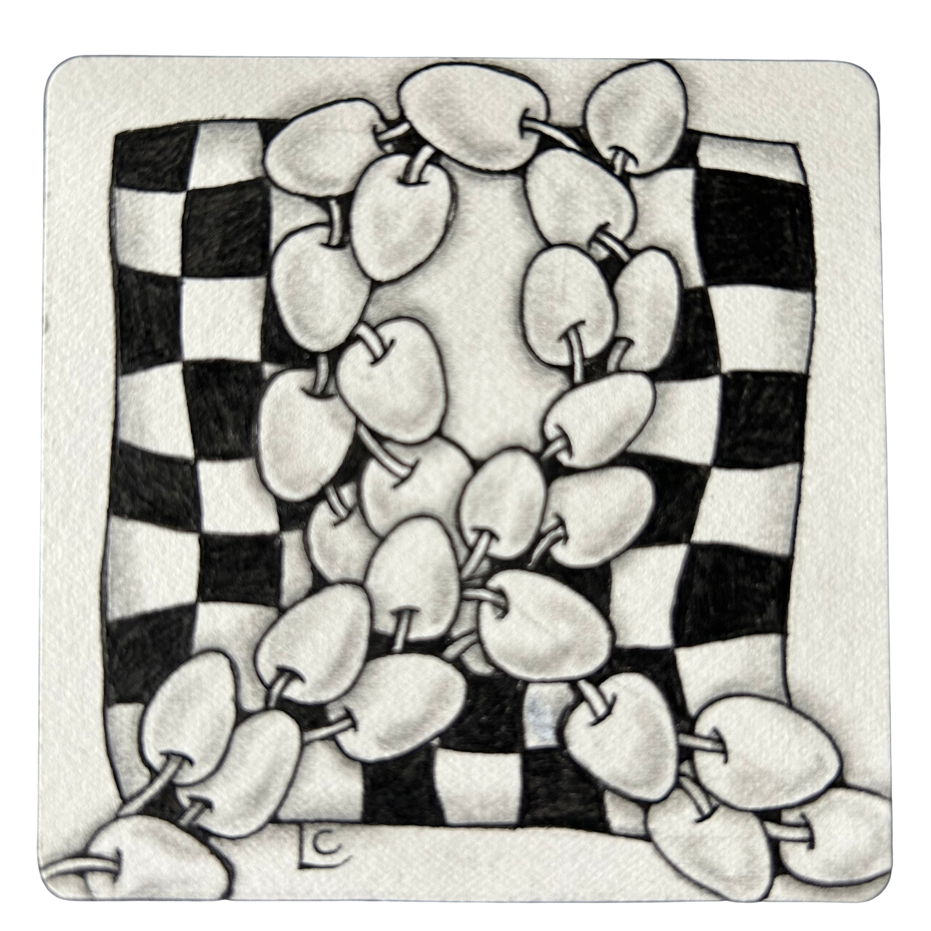 A small paper tile with the tangles Poke Root and Knightsbridge. The tile is signed LC - the initials of Lisa Crow, a Certified Zentangle® Teacher, who created the tile.