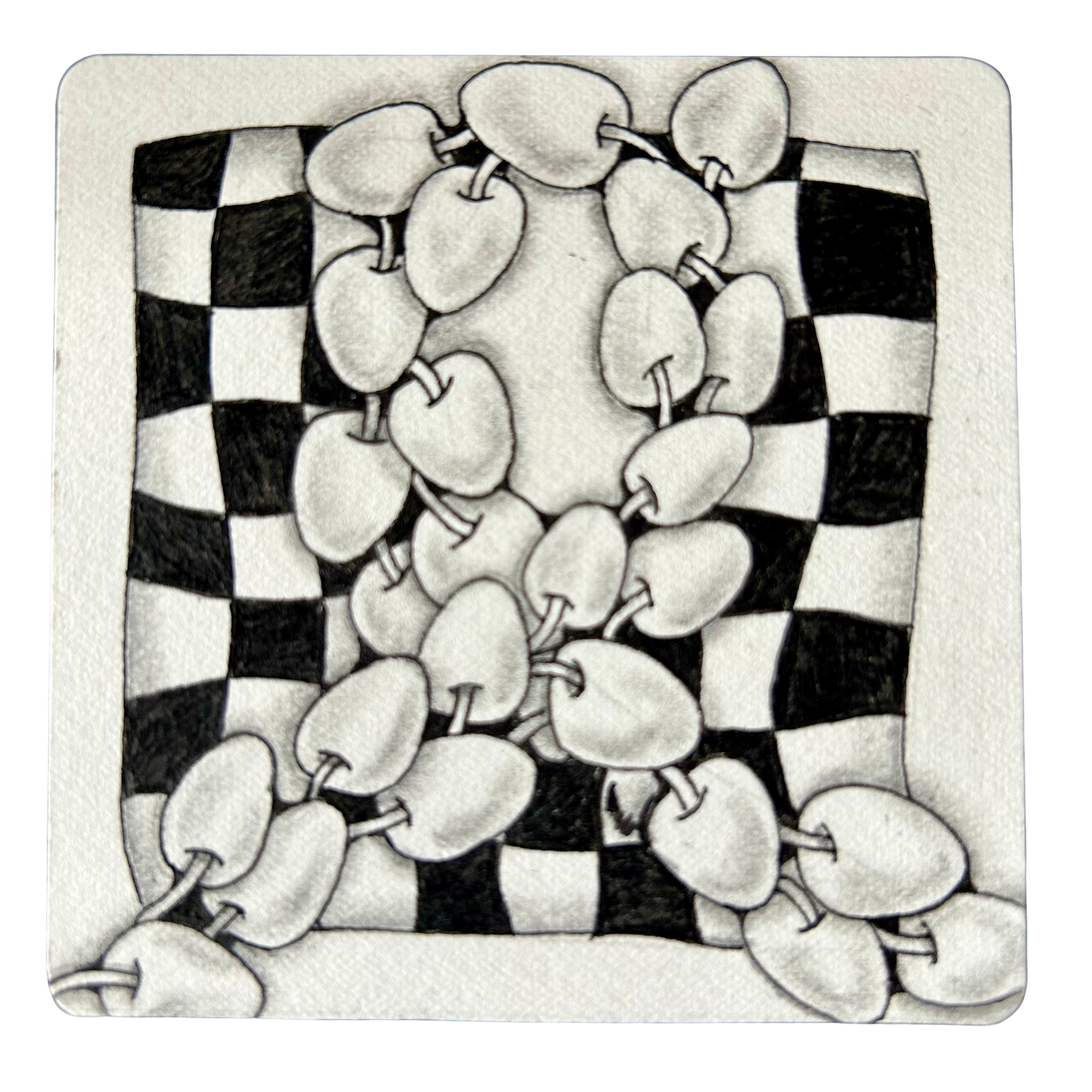 A small paper tile with the tangles Poke Root and Knightsbridge. The tile is completely shaded.