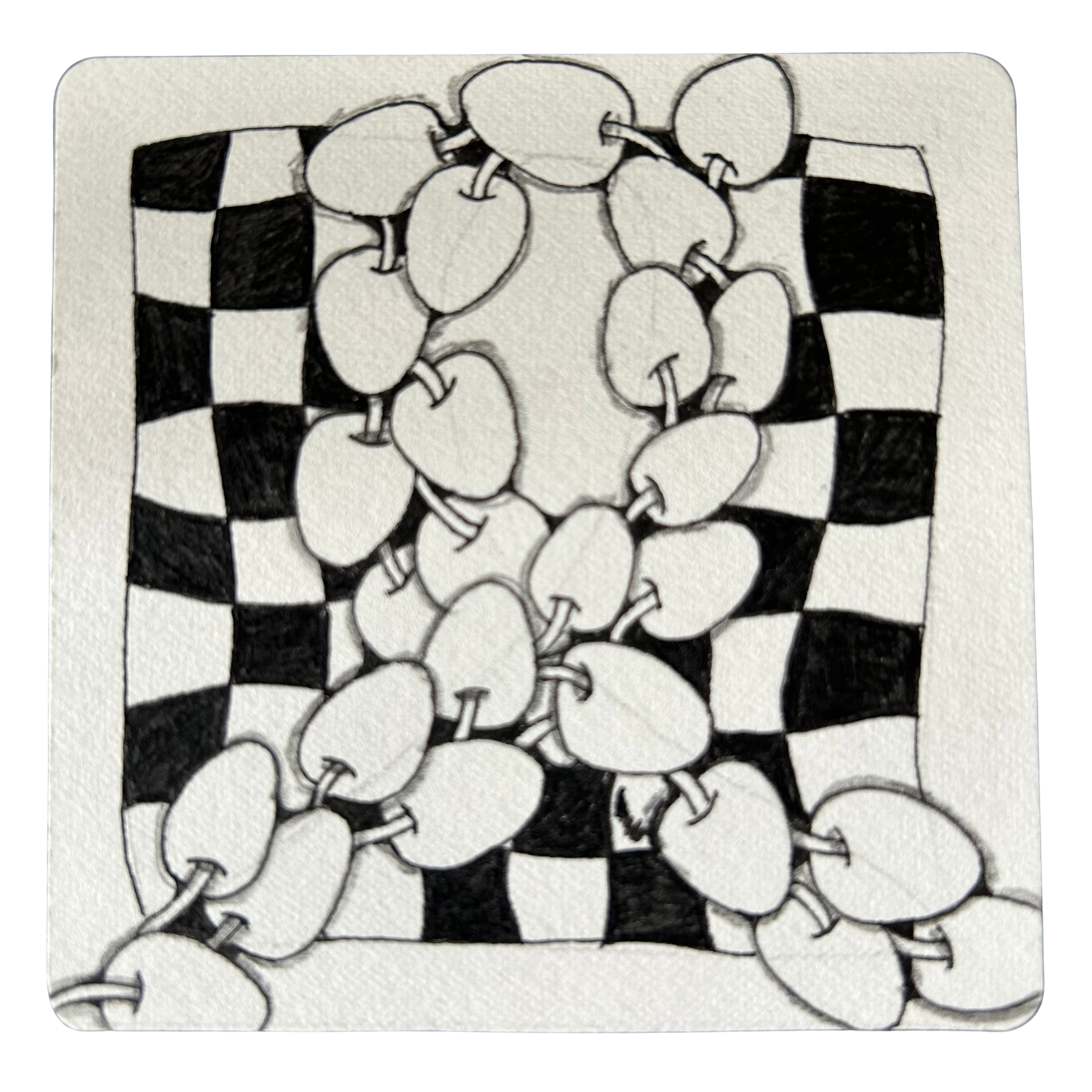 A small paper tile showing the tangle Poke Root which has a bit of shading and the beginning of the tangle Knightsbridge