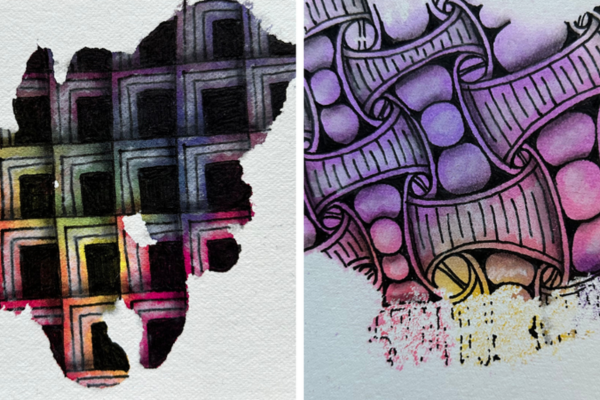 Lisa Crow, CZT, applying pressure to a paper tile over a piece of tin foil coloured with felt-tip pens and then sprayed with water. This is to prepare for a map tangling project.