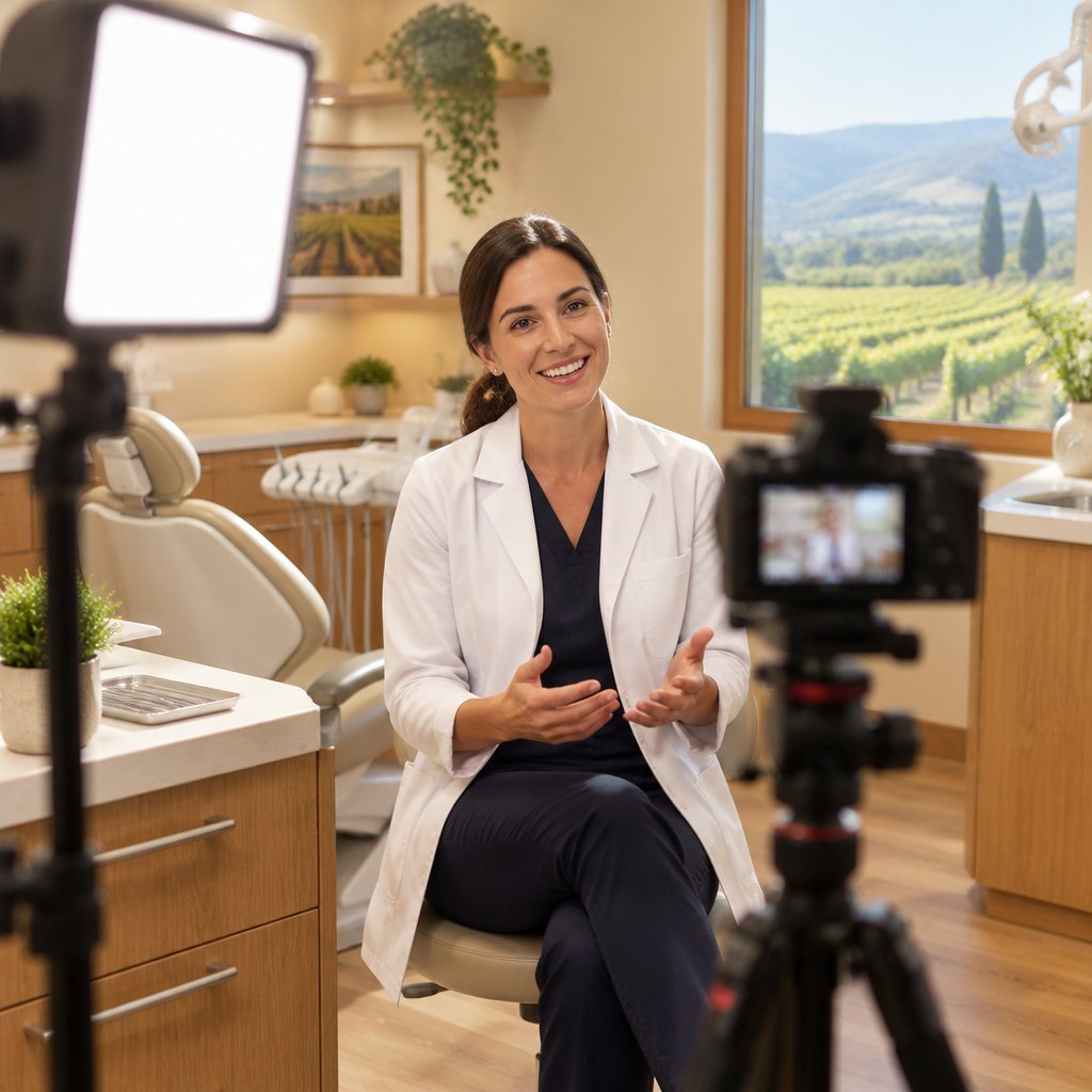 A dentist recording a welcome video in her office