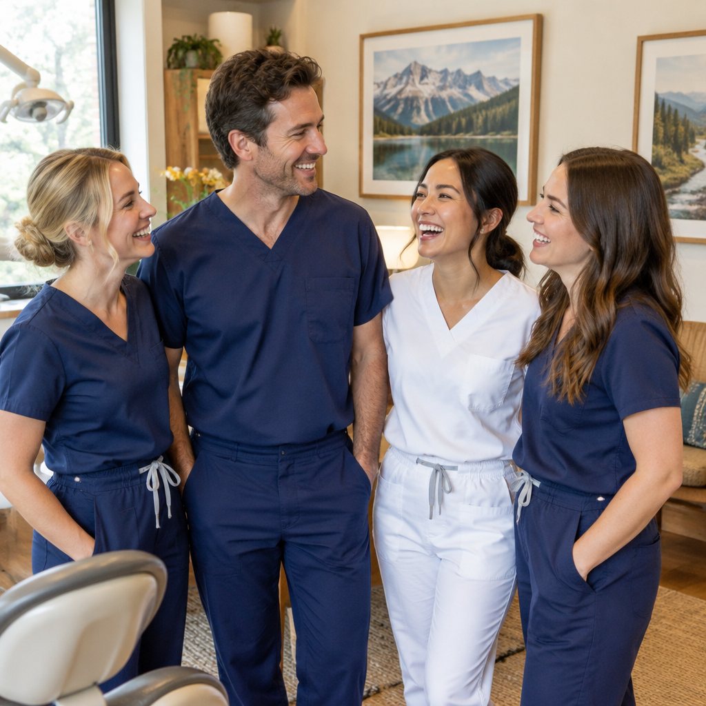 A dental team laughing together in their office