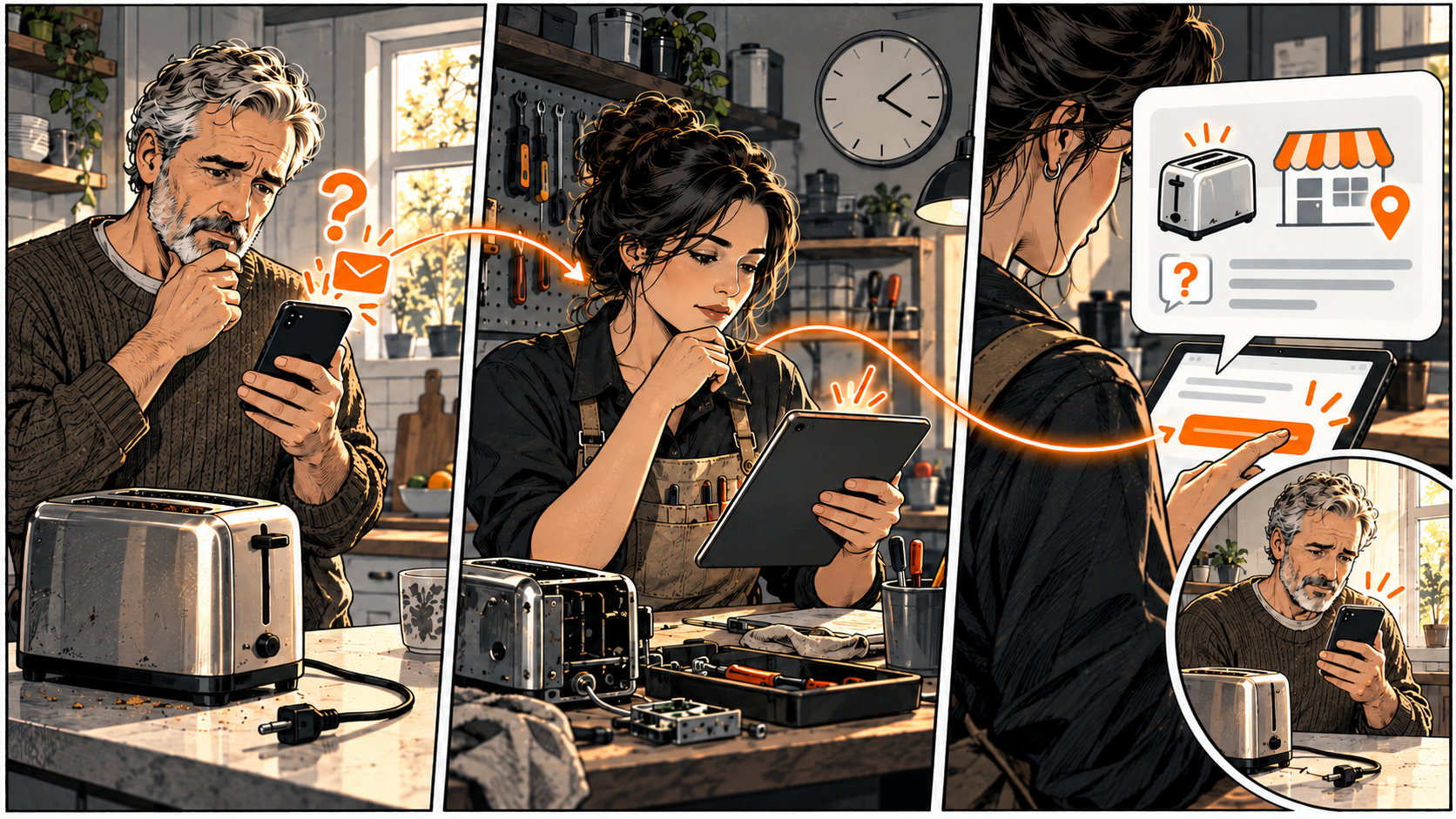 A customer beside an unplugged toaster reads a phone message while a repair-shop worker reviews the inquiry and prepares a reply with toaster and shop-location symbols.