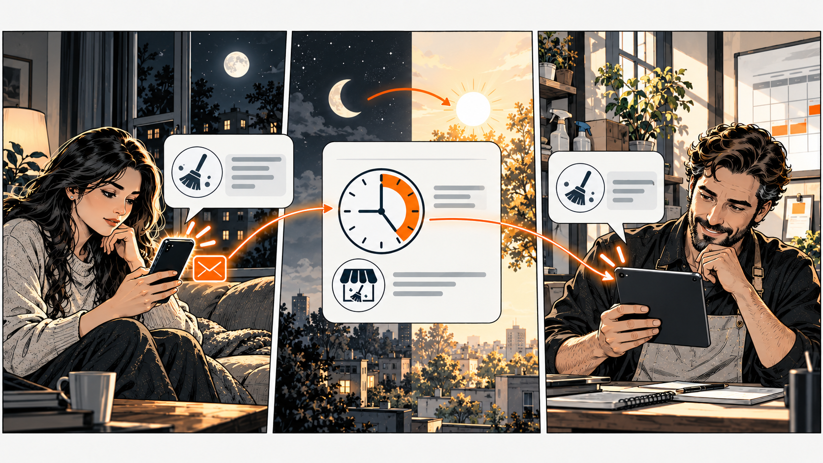A woman sends a cleaning inquiry at night; a moon-to-sun transition and working-hours clock lead to an owner reviewing it in daylight.