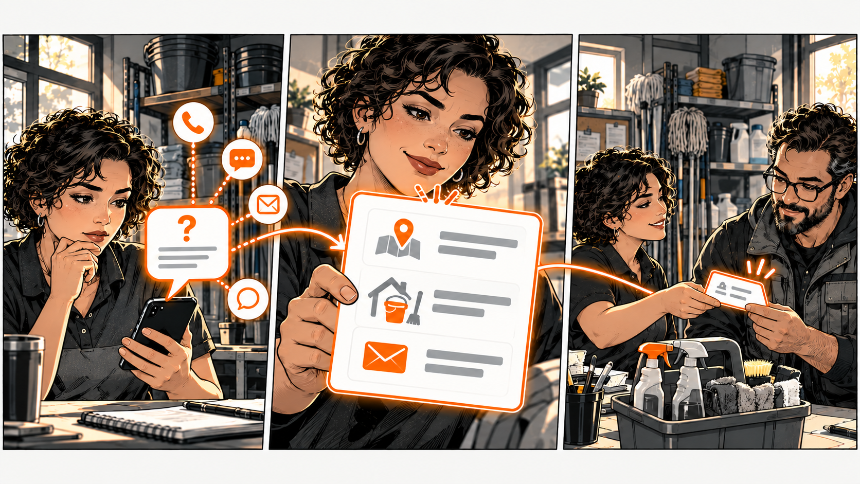 A cleaning-business owner reviews an inquiry, gathers location and service details, and passes an orange-edged card to a colleague.