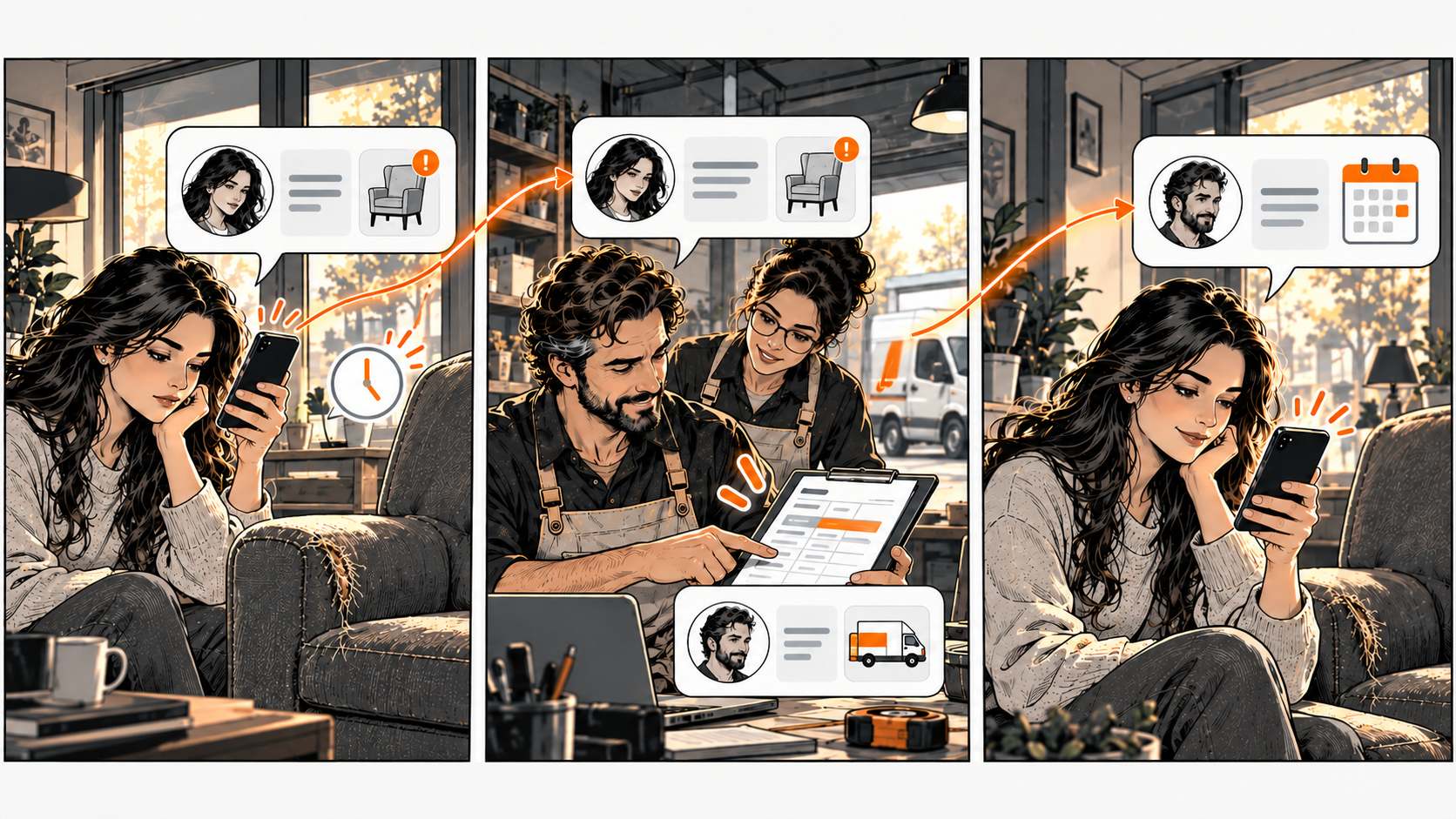 A customer waits beside a damaged chair; workshop colleagues check a collection record, and a calendar-style update reaches the customer’s phone while the chair remains.