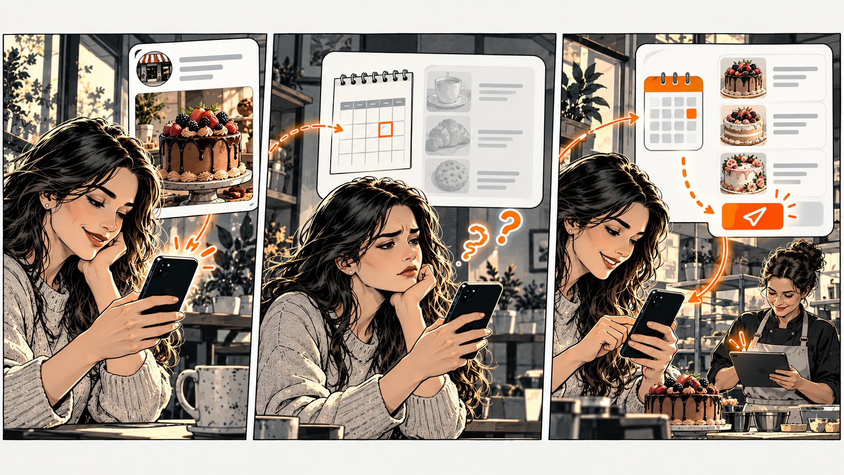 A woman follows a cake post to a faded menu, then finds cake choices, a calendar and a request button as a baker reviews a tablet.