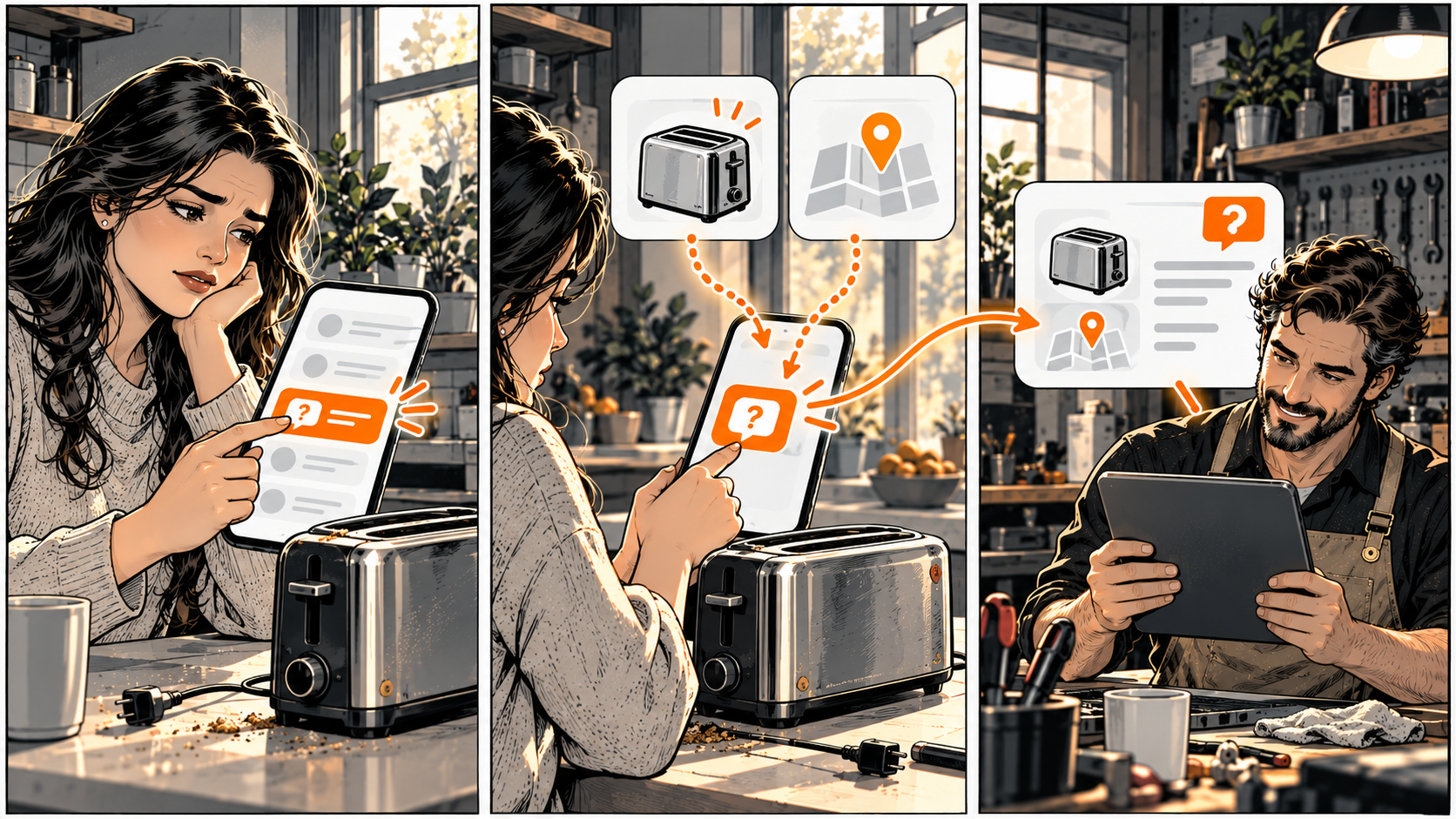 Comic panels show a customer choosing an appliance-repair inquiry and a shop owner reviewing the question.