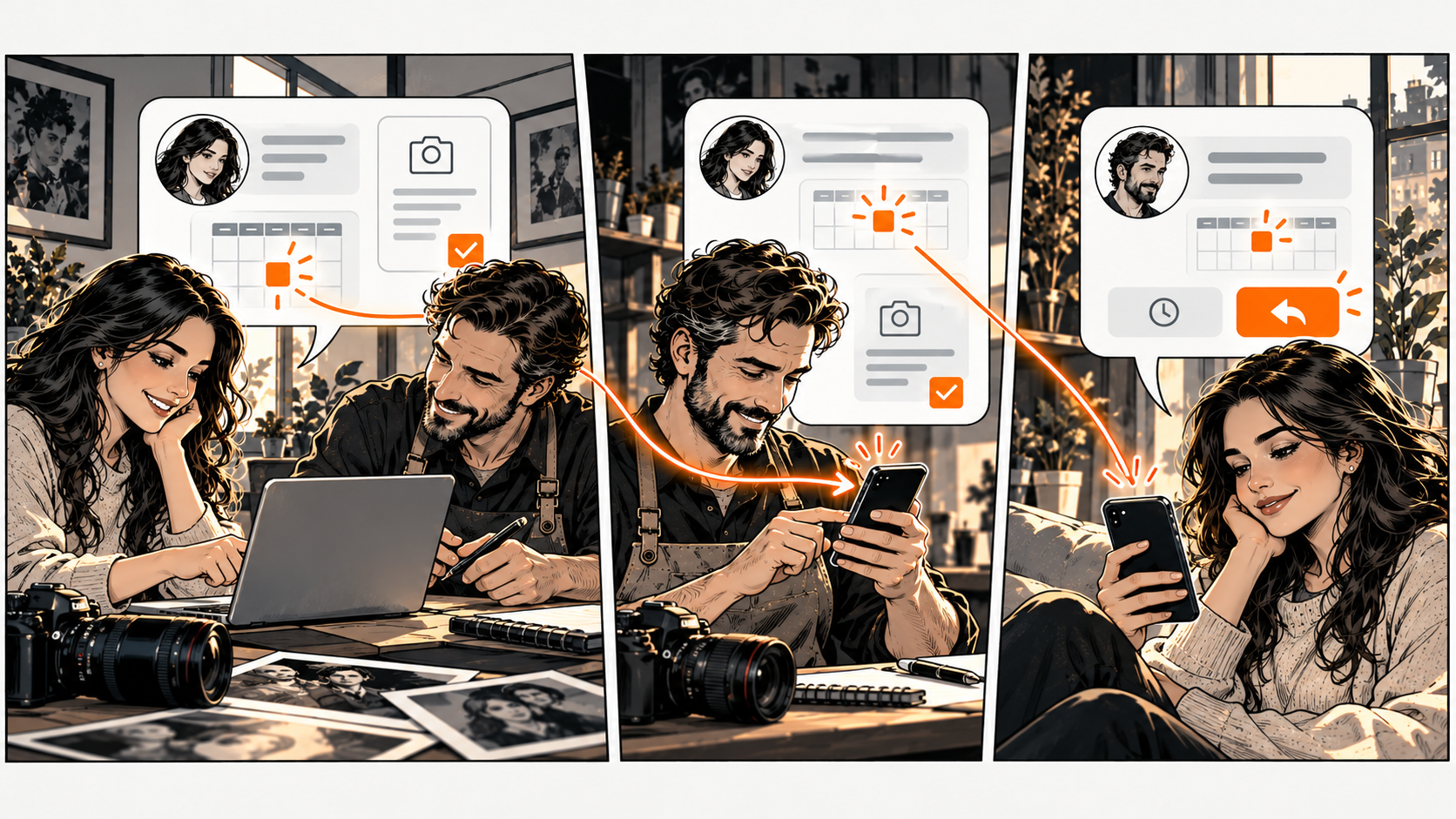 A photographer and customer discuss a portrait date, then a single marked reminder leads to a follow-up with wait and reply options.