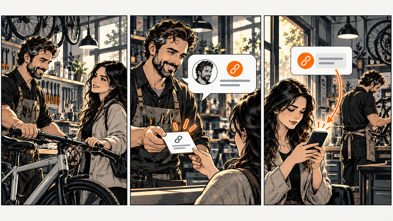 A bicycle mechanic offers a review-link card after handing back a bicycle, then returns to work as the customer looks at her phone.