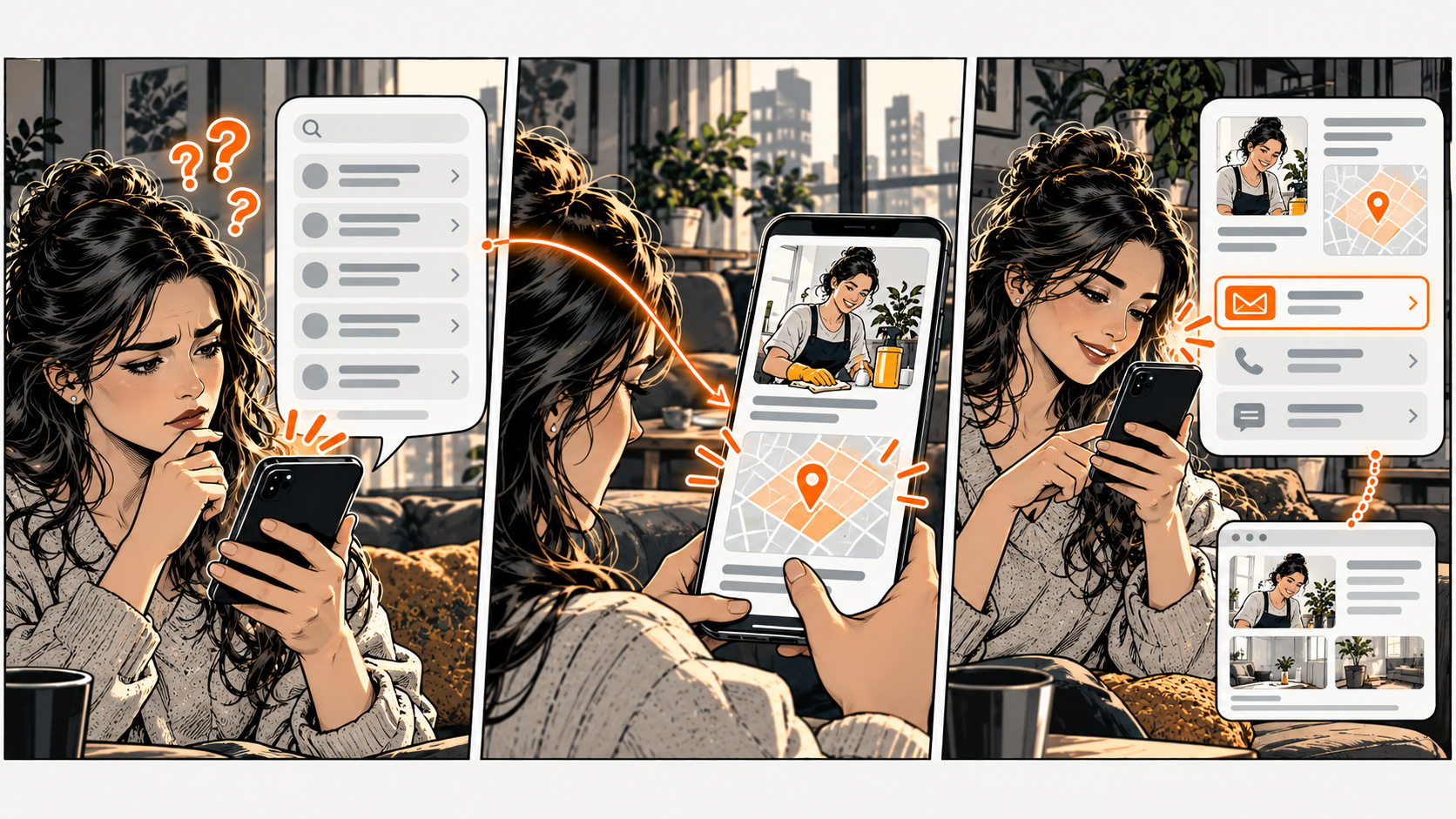 A woman looks puzzled by a phone’s link list, then finds a cleaning-service page with a service-area map and highlighted inquiry option.