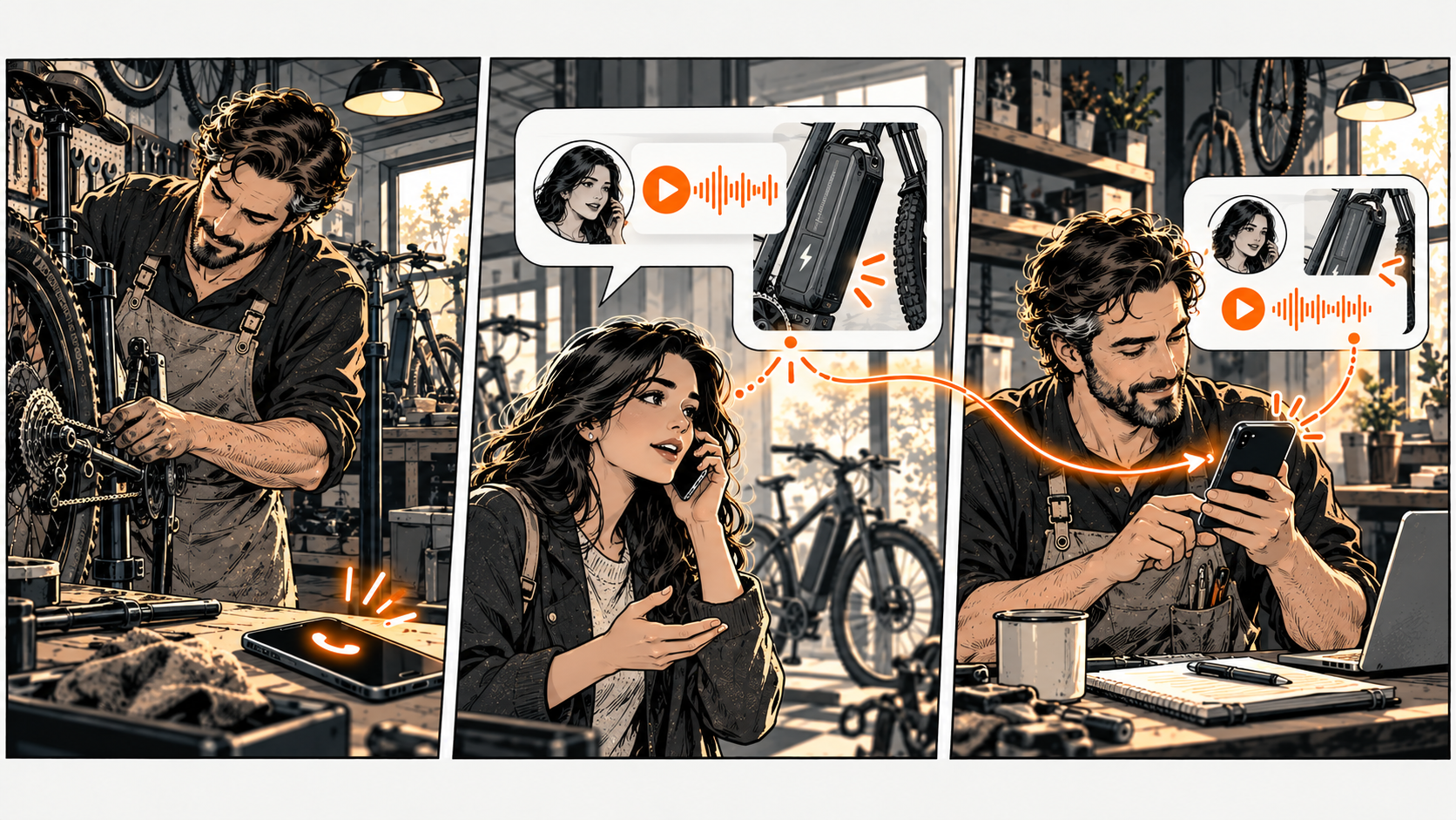 A bicycle mechanic works while a phone rings, a caller leaves an electric-bike message, and the mechanic later reviews it on his phone.