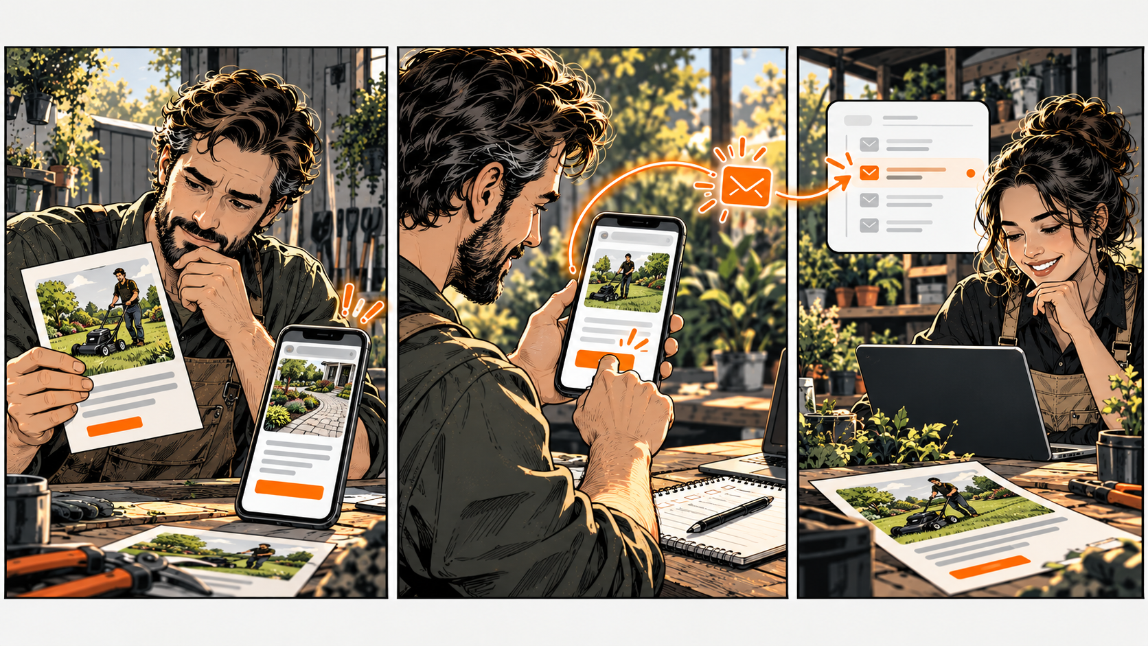 A gardener compares a lawn-mowing flyer with a landscaping page, tests a revised phone page and routes an inquiry to a colleague’s inbox.