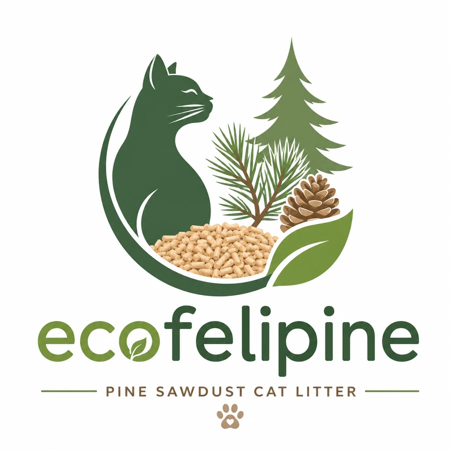 ecofelipine logo with cat, pine tree, pine sawdust, and leaf