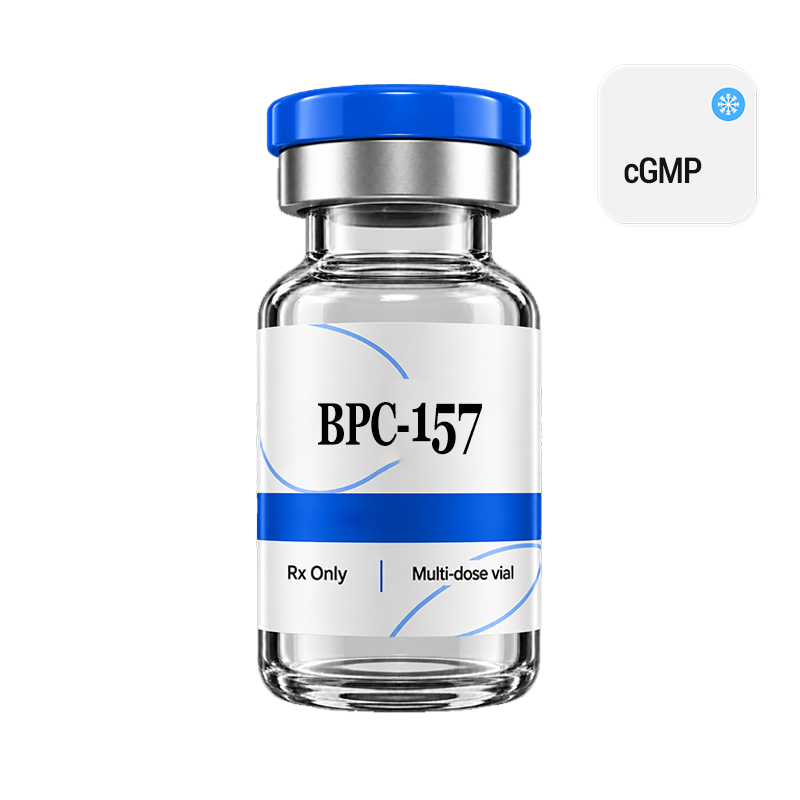BPC-157 vial with a brand blue cap