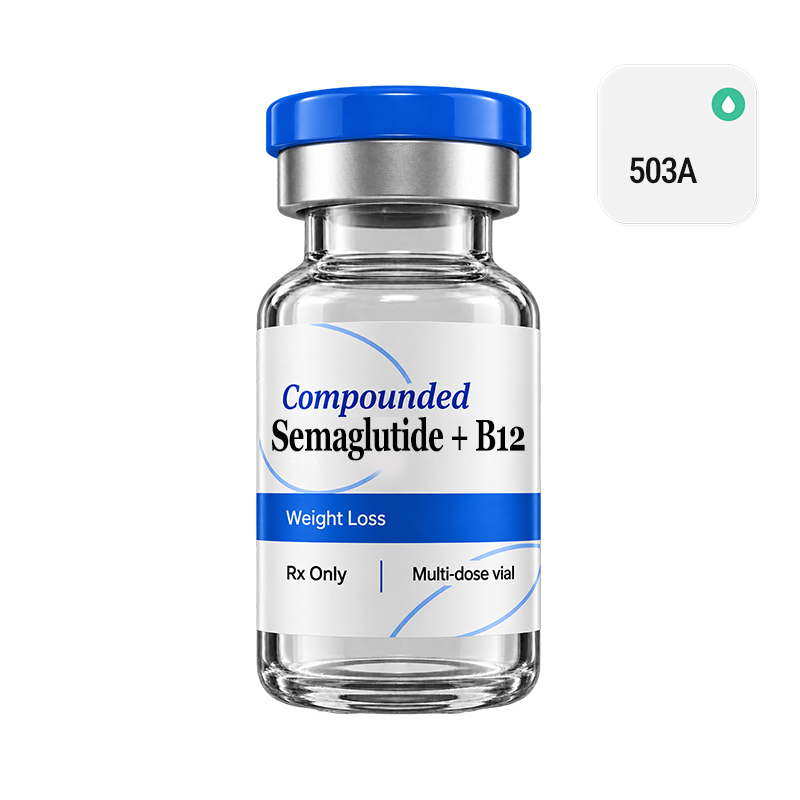 Semaglutide vial with a brand blue cap