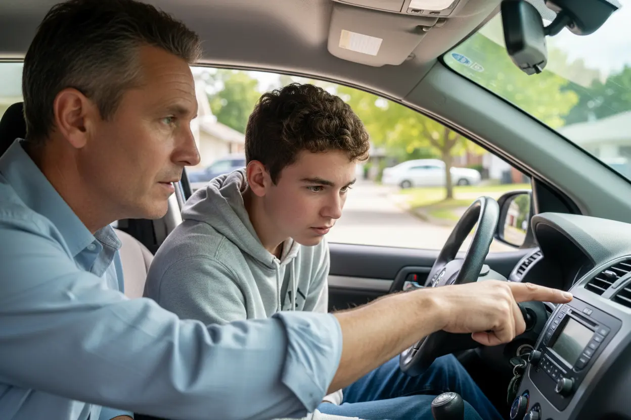 Professional driving instructor teaching a student