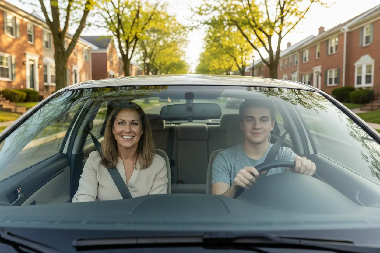 Teen student driver with instructor in a dual-controlled car