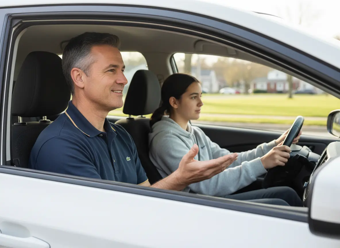 Teenager learning to drive with a professional instructor