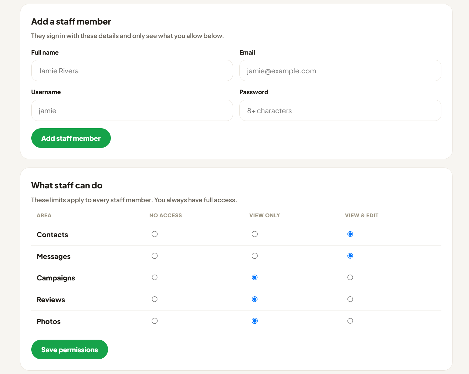 Unlimited staff members dashboard