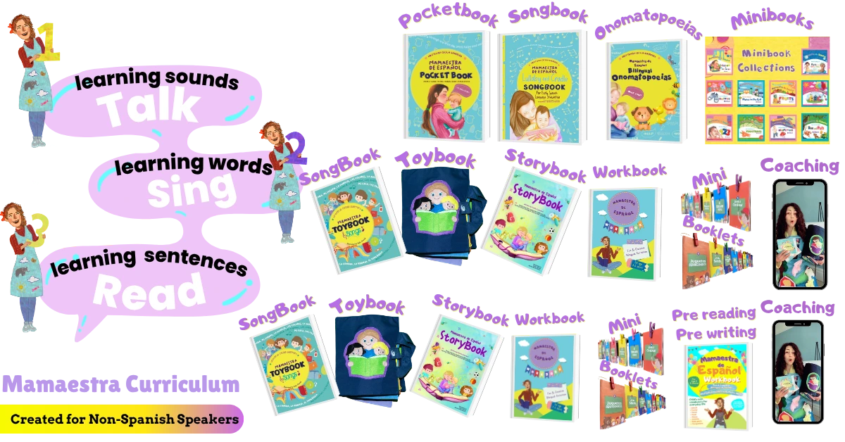 Biblioteca Mamaestra: pocketbook, canciones, onomatopeyas, minibooks, toybook, storybook, workbook y coaching