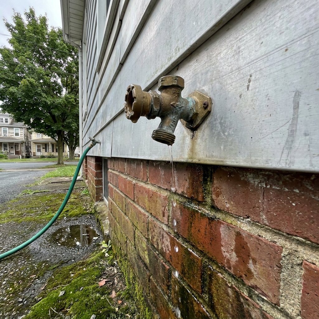 An aged brass outdoor hose bib (spigot) mounted on the exterior brick foundation of a building, showing active dripping and signs of corrosion with a green garden hose connected to one of its ports. - JB Plumbing HVAC & Construction