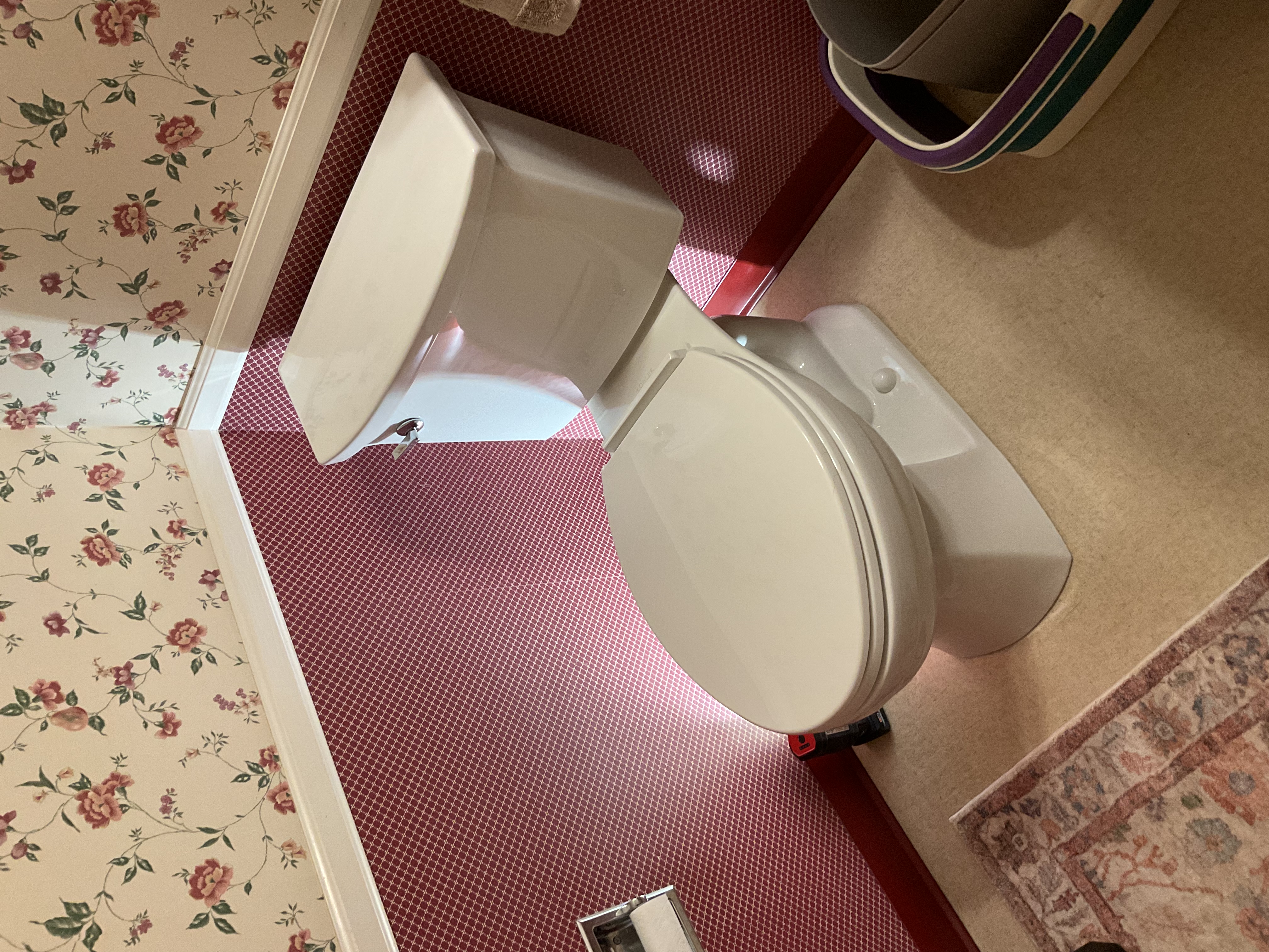 A newly installed white two-piece toilet in a bathroom with decorative red diamond-patterned wainscoting and floral wallpaper above the chair rail, suggesting a completed plumbing installation or replacement.