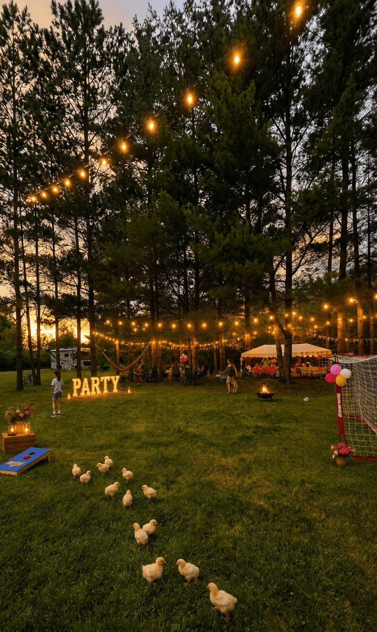 Birthday party with chicks in the front, cornhole, beautiful lights and trees, party tents, soccer nets.