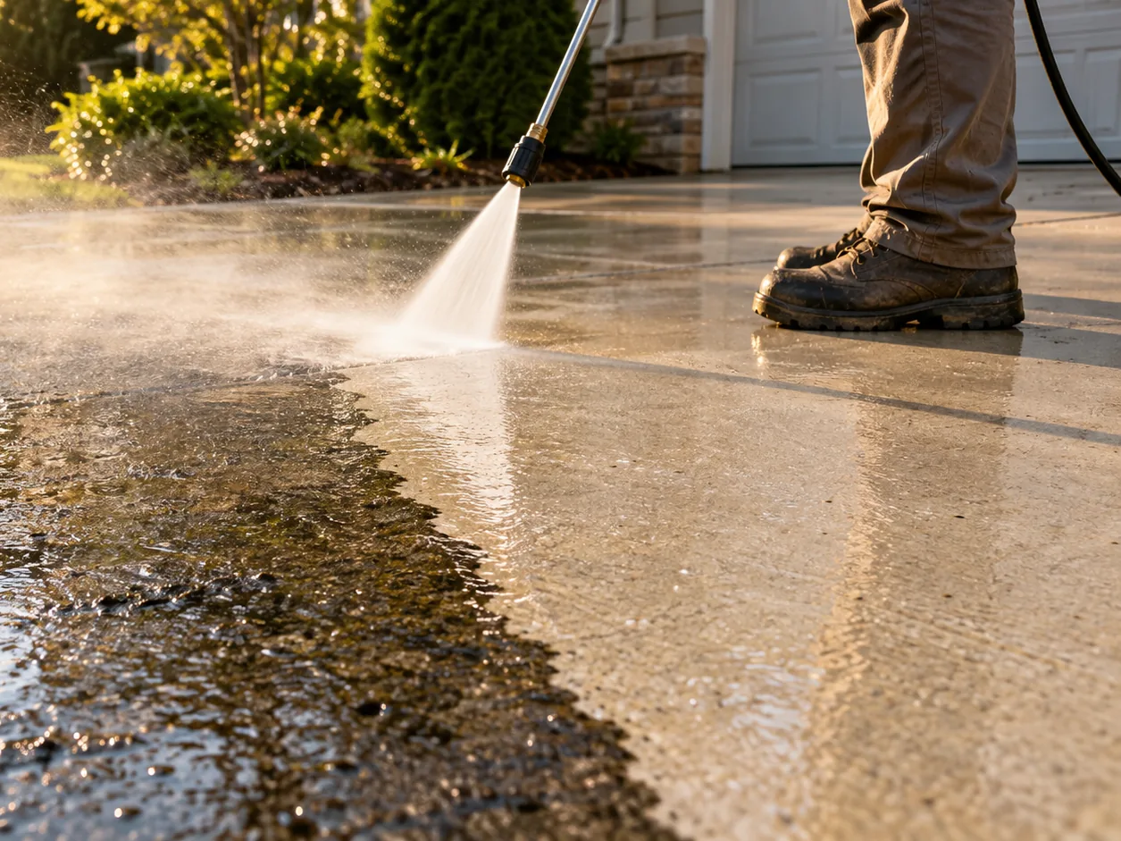 Pressure washer cleaning a concrete driveway, half clean and half dirty