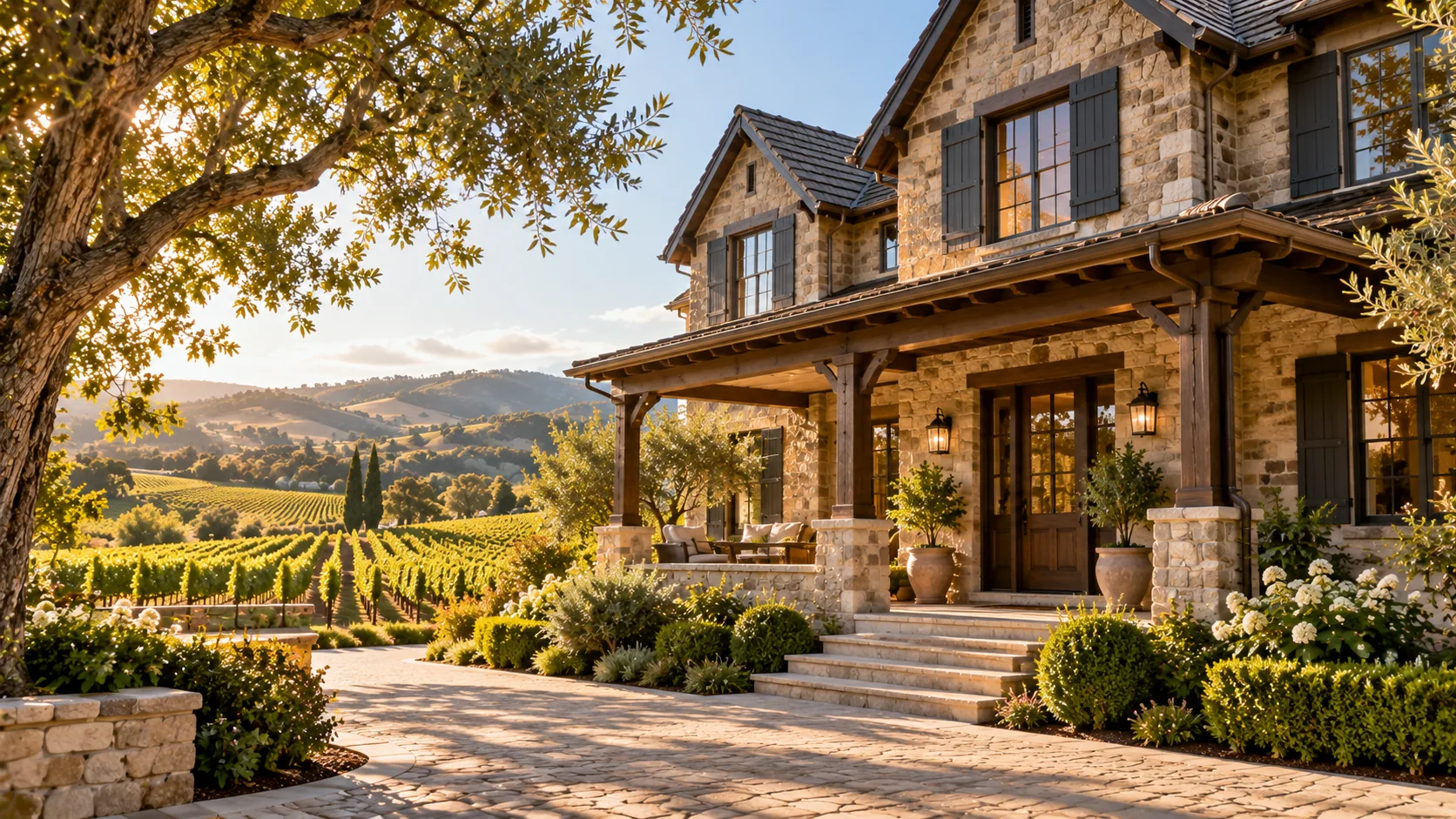 Stone and wood estate home with freshly painted trim in St. Helena