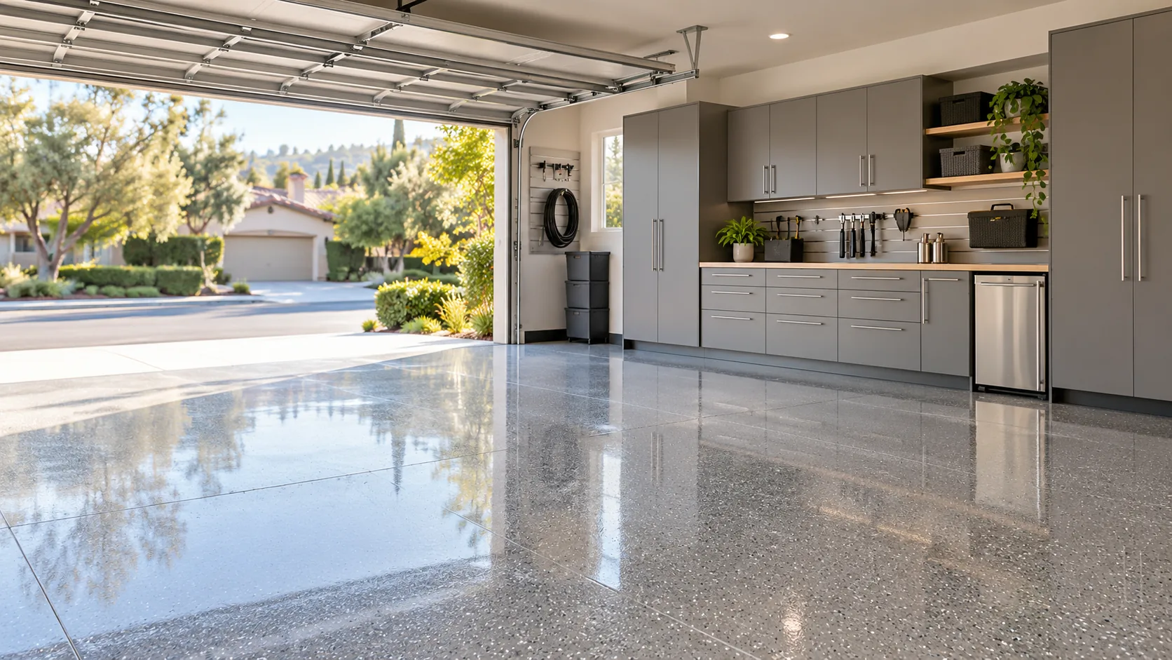 Glossy gray epoxy garage floor with flake finish and organized storage