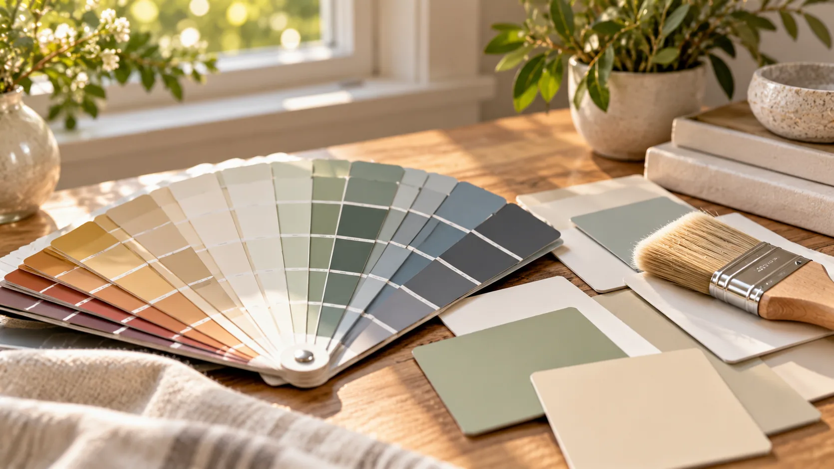 Paint color samples and a brush on a table ready for a client consultation