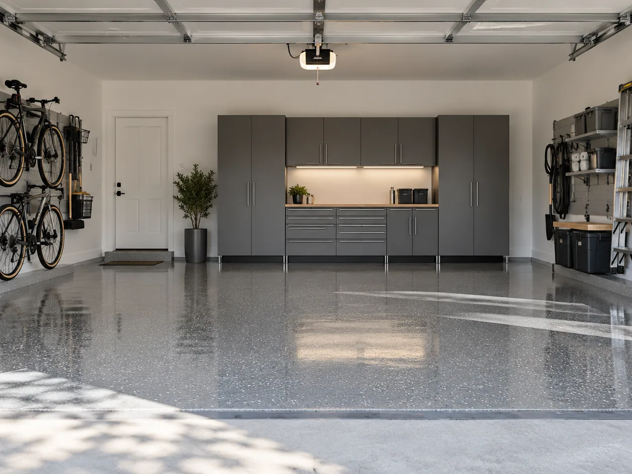 Glossy gray epoxy garage floor with decorative flakes