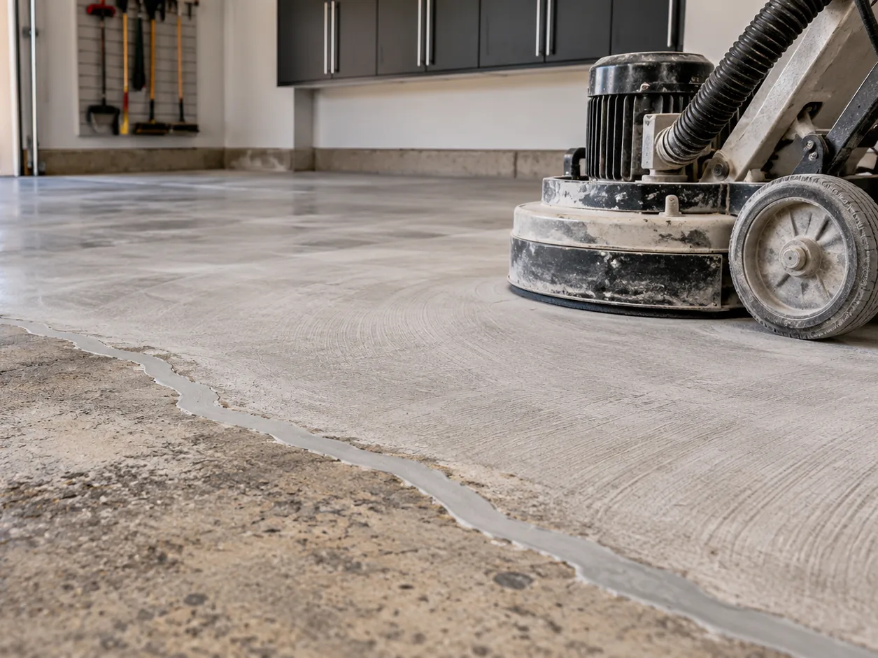 Concrete garage floor being prepared before epoxy coating
