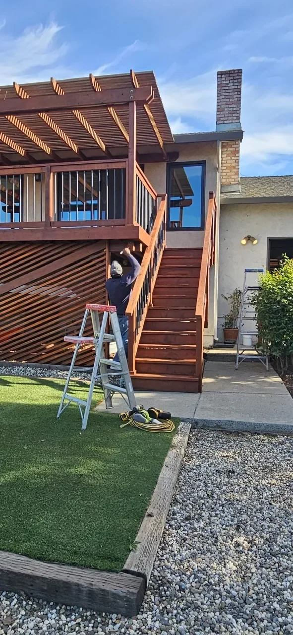 Redwood deck, stairs, and pergola being stained
