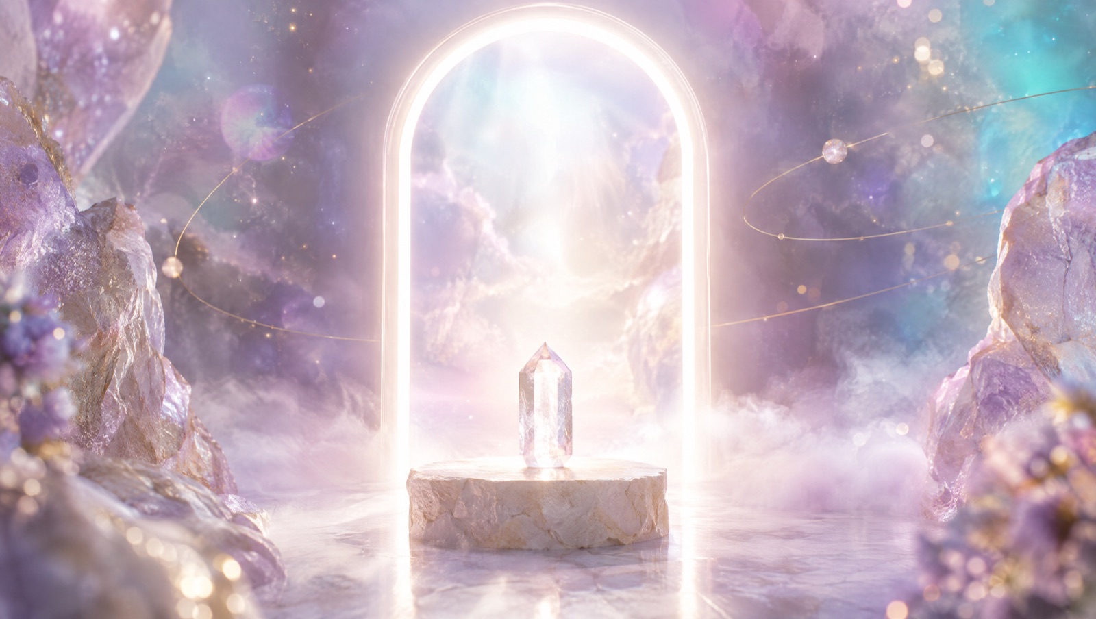 Prag luminos de lumină albă și un cristal de cuarț pe un altar, în aură lavandă