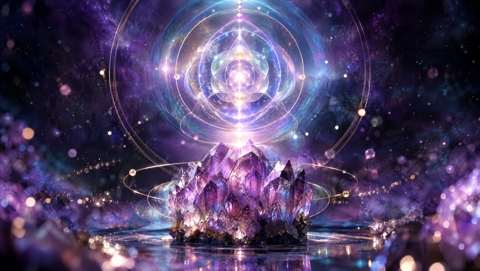 Mandala geometrică de lumină pe straturi deasupra unui cluster de ametist, pe fundal indigo cosmic