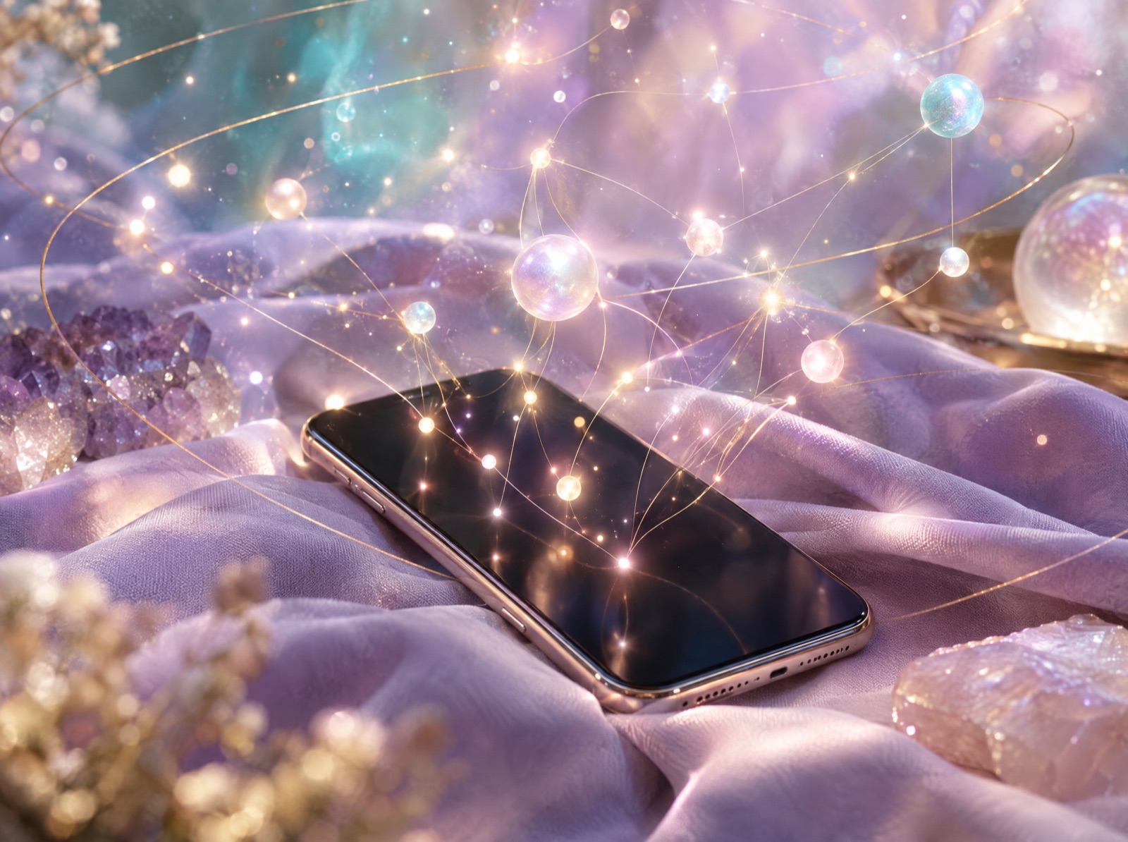 Telefon pe material lavandă, cu puncte de lumină unite ca o constelație a comunității