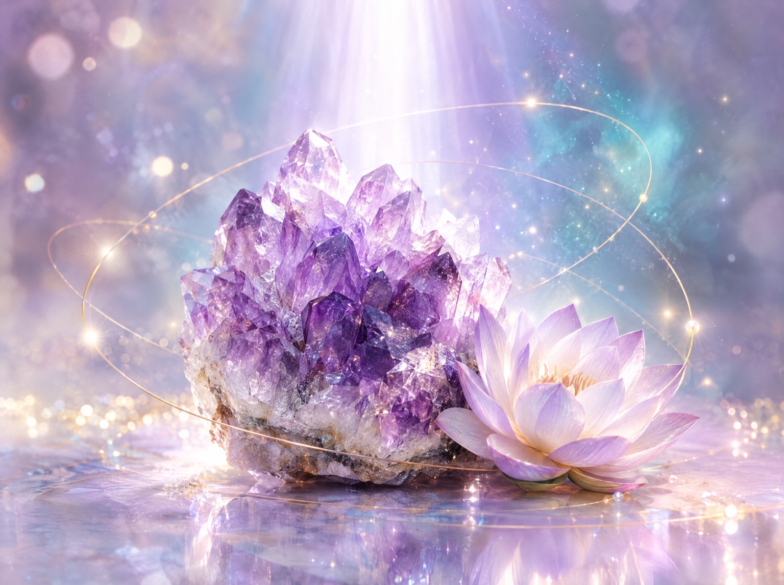 Cluster de ametist și floare de lotus sub un fascicul de lumină – Al treilea ochi și coroana
