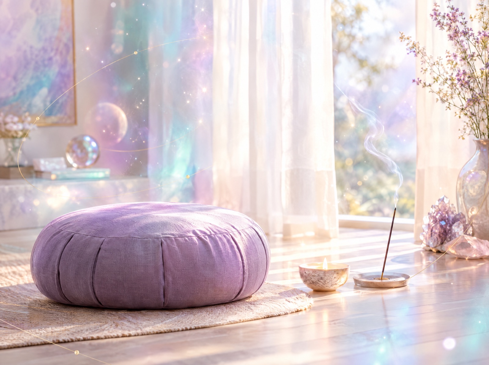 Colț de meditație cu pernă lavandă, lumânare și bețișor parfumat – Practici meditative pentru acasă