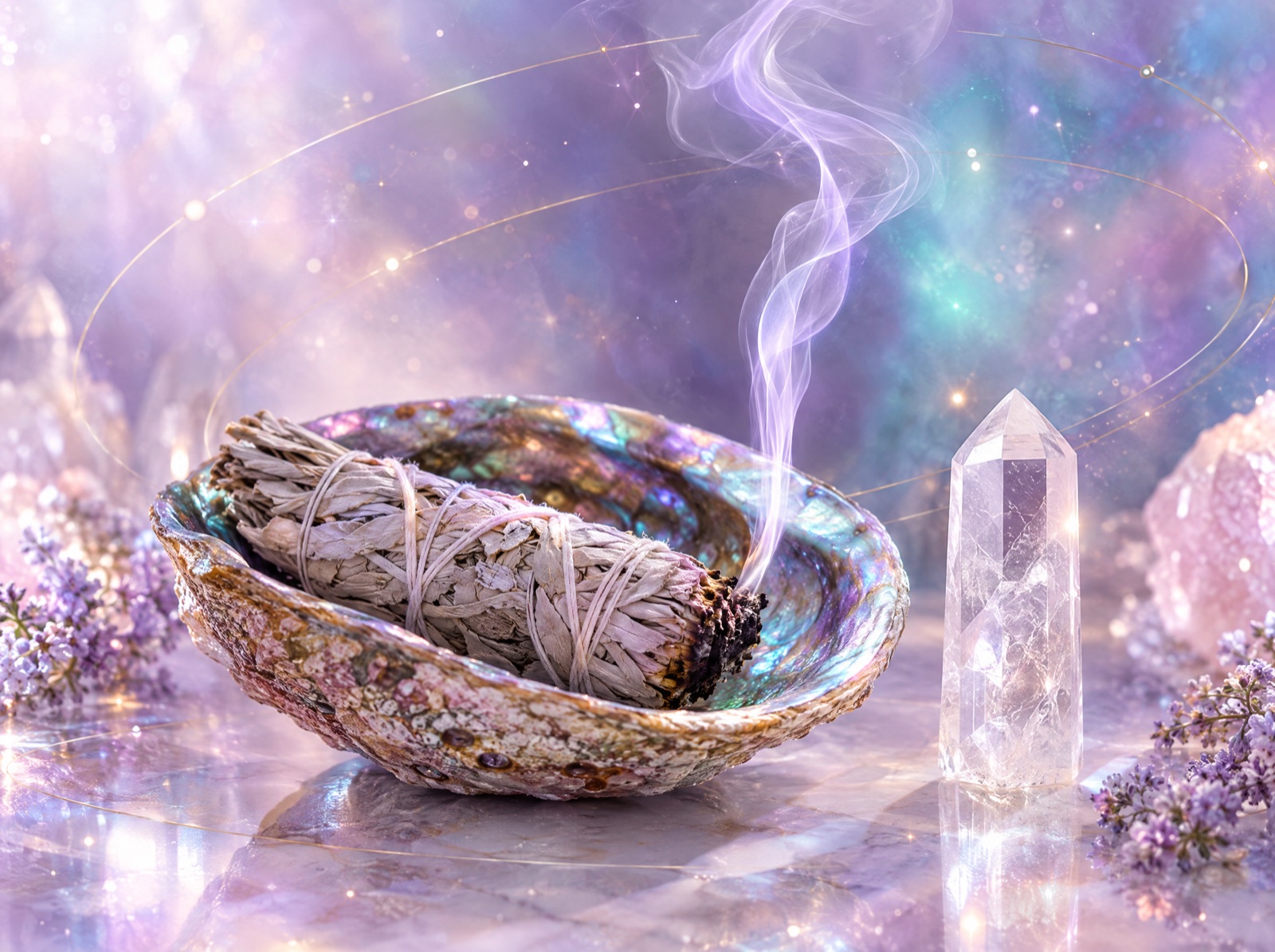 Salvie albă într-o scoică de abalone, cu fum fin, și un cristal de cuarț – Curățare energetică și prima inițiere