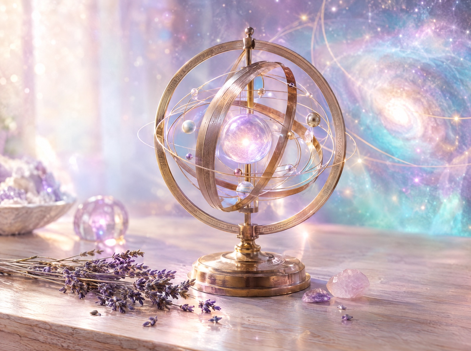 Sferă armilară de alamă pe un birou, cu lavandă uscată – Principiile cosmoenergeticii