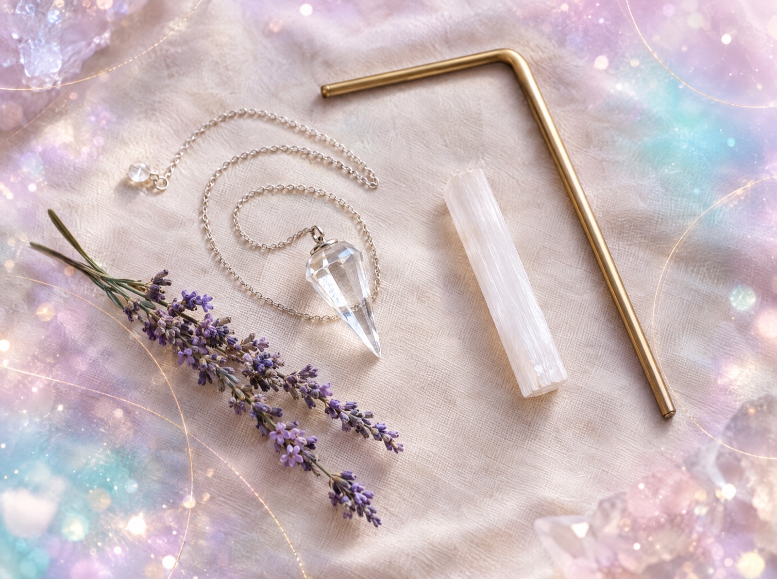 Pendul de cristal, baghetă de radiestezie, selenit și lavandă pe pânză crem – Instrumentele de lucru