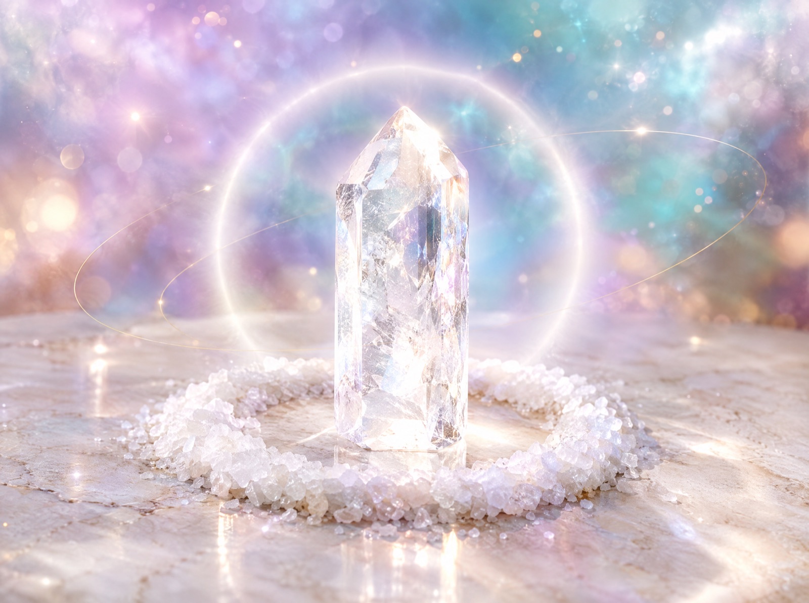 Cristal limpede într-un cerc de sare albă, cu un halou de lumină – Curățare și protecție energetică
